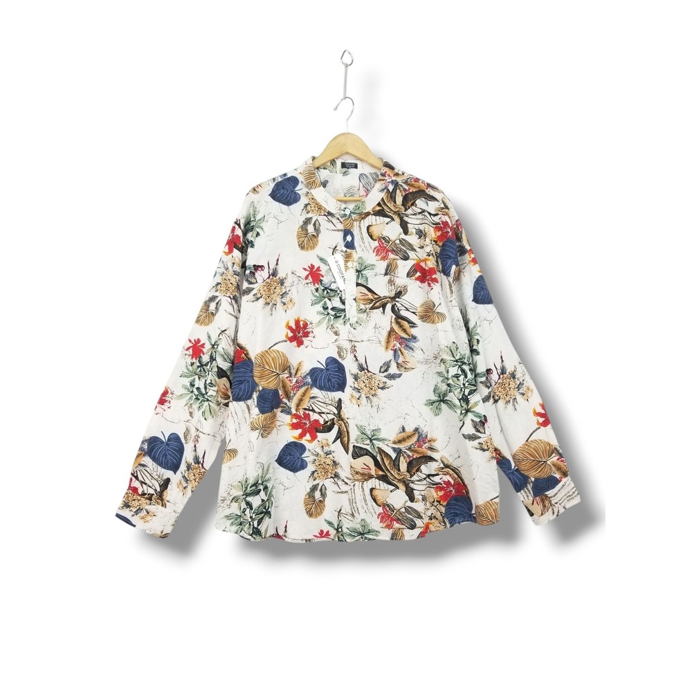 Coofandy Mens 3XL Floral Tropical Henley Shirt Cotton Hemp Long Sleeve Natural